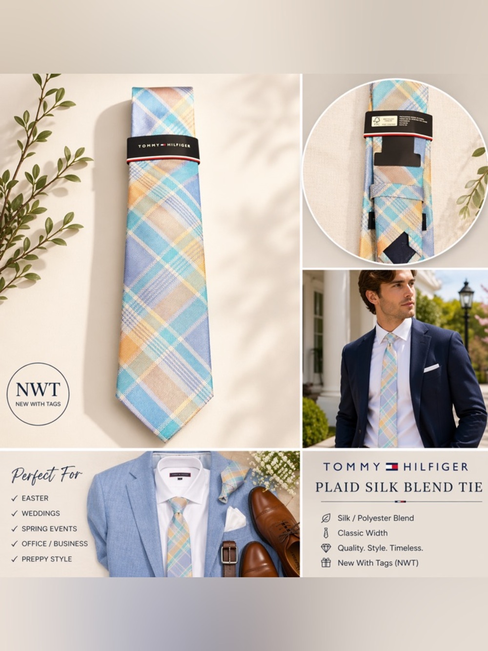 NWT Tommy Hilfiger Pastel Plaid Tie in Light Blue & Yellow